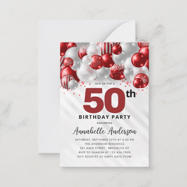 Budget Red Silver Balloon Glitter 50th Birthday Note Card (Front)