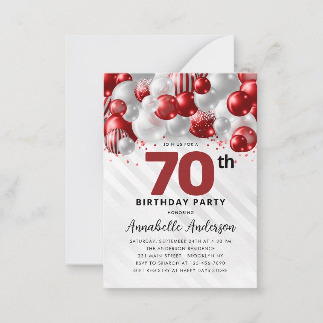 Budget Red Silver Balloon Glitter 70th Birthday Note Card (Front)