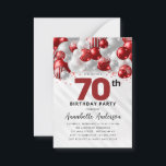 Budget Red Silver Balloon Glitter 70th Birthday Note Card<br><div class="desc">Modern Glam Burgundy Red Silver Balloon Glitter Sparkle Any Age Birthday Invitation</div>