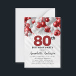 Budget Red Silver Balloon Glitter 80th Birthday Note Card<br><div class="desc">Modern Glam Burgundy Red Silver Balloon Glitter Sparkle Any Age Birthday Invitation</div>