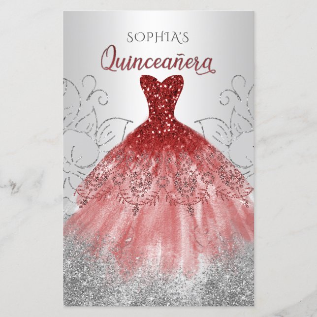Budget Red Sparkle Dress Quinceañera Invitation (Front)