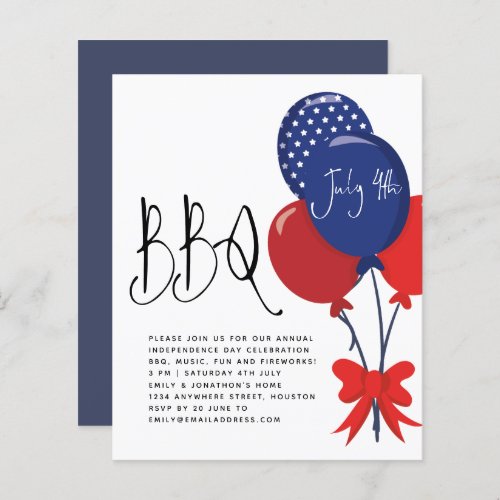 Budget Red White Blue Balloons July 4 BBQ Invite 