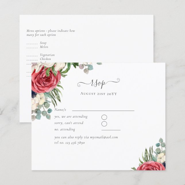 Budget Red White Blue Floral Wedding RSVP (Front/Back)