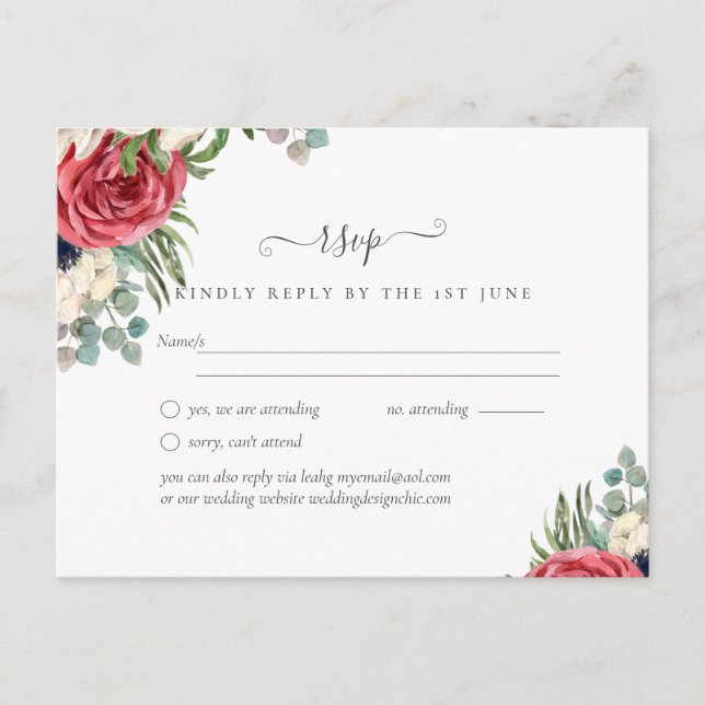 Budget Red White Blue Floral Wedding RSVP Postcard (Front)