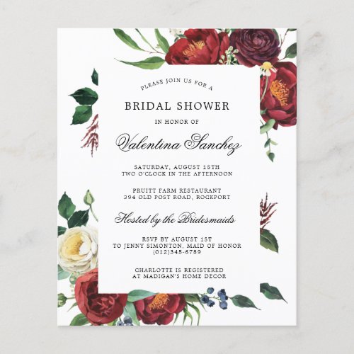 Budget Red White Floral Bridal Shower Invitation