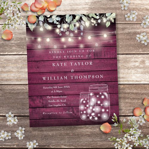 Budget Red Wood Lights Mason Jar Wedding Invite