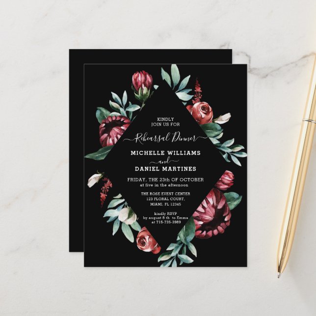 Budget Rehearsal Dinner Black Floral Invitation (Front/Back In Situ)