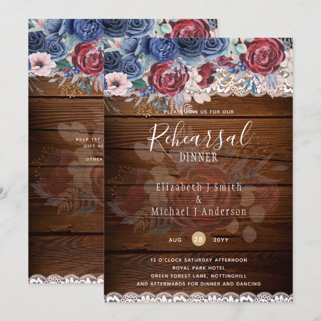 Budget Rehearsal Dinner Burgundy Blue Floral Lace  Invitation (Front/Back)