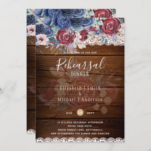 Budget Rehearsal Dinner Burgundy Blue Floral Lace  Invitation