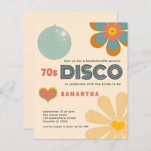 Budget Retro 70s Disco Bachelorette Party Invite