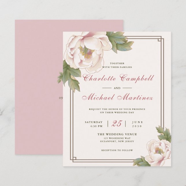 Budget Retro Blush Peony Floral Wedding Invitation (Front/Back)