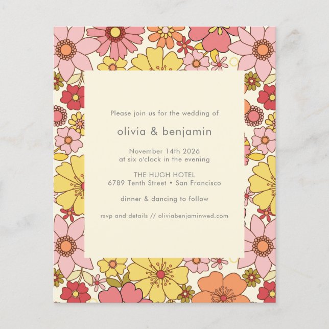 Budget Retro Boho Pink Yellow Floral Wedding  (Front)