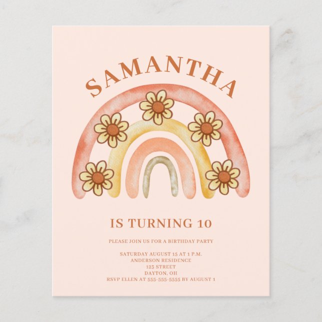 Budget Retro Boho Rainbow 10th Birthday Invitation (Front)
