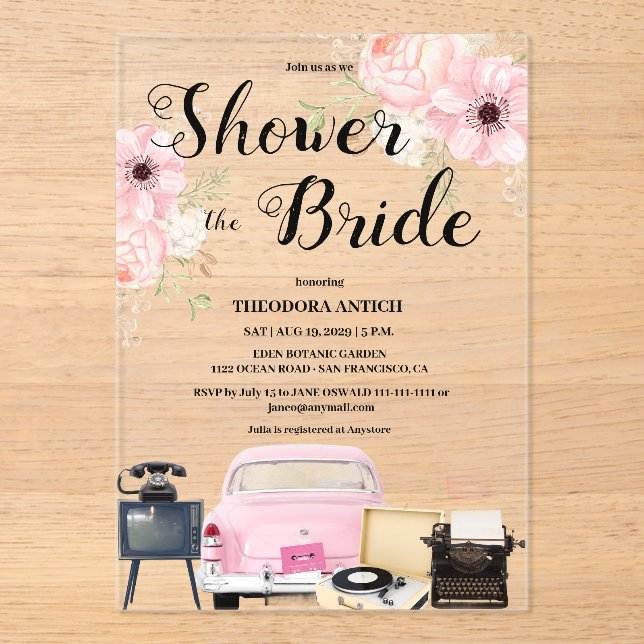 Budget Retro Bridal Shower Acrylic Invitations (Front)