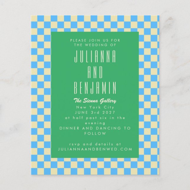 Budget Retro Checkerboard Blue Green Wedding (Front)