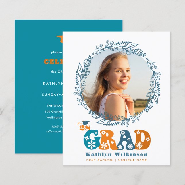 BUDGET Retro Floral Wreath Graduation Invitation  (Front/Back)
