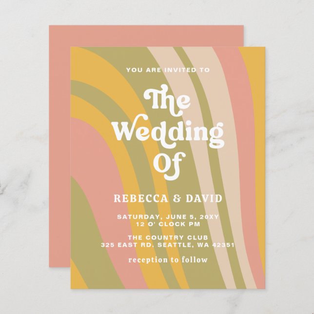 Budget Retro Groovy 70s Pink Green Wedding Invite (Front/Back)