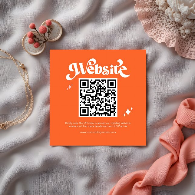 Budget Retro Groovy Script QR Code Wedding Website Enclosure Card (Creator Uploaded)