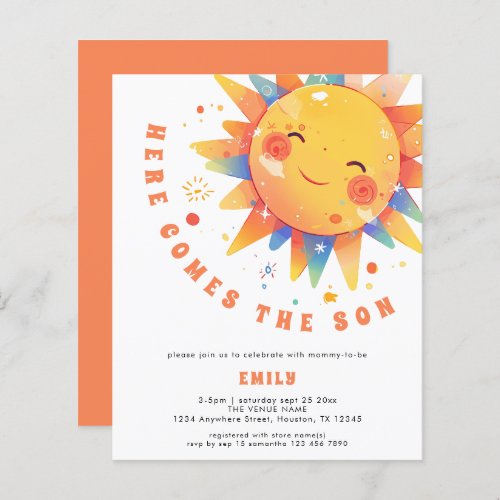 Budget Retro Here Comes The Son Baby Shower invite