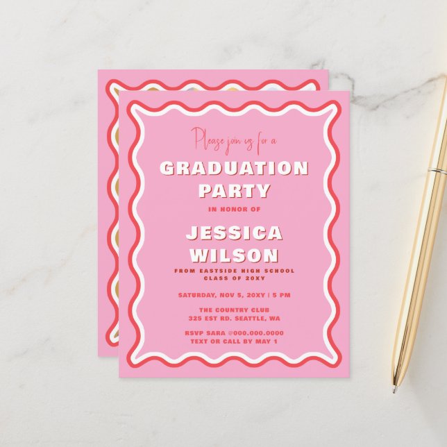 Budget Retro Pink Red Photo Graduation Invitation (Front/Back In Situ)