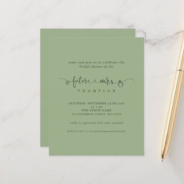 Budget Ring Future Mrs Bridal Sage Shower Invite (Front/Back In Situ)