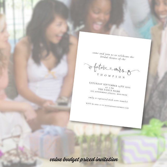 Budget Ring Heart Future Mrs Bridal Shower Invite (Value smaller size 4.5 x 5.6" budget price invitation)