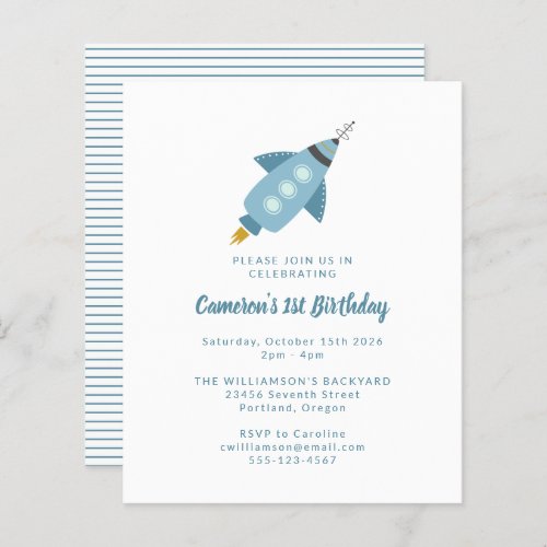 Budget Rocket Ship Blue 1st Birthday Invitation