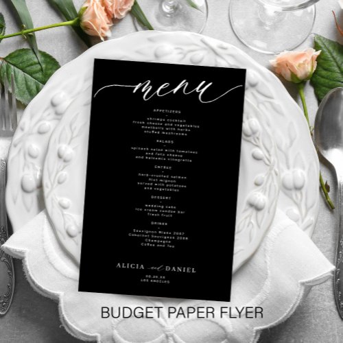 Budget romantic black white script wedding menu flyer