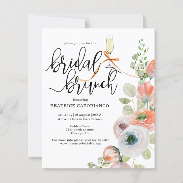Budget  Romantic Coral Floral Bridal Brunch Card (Front)