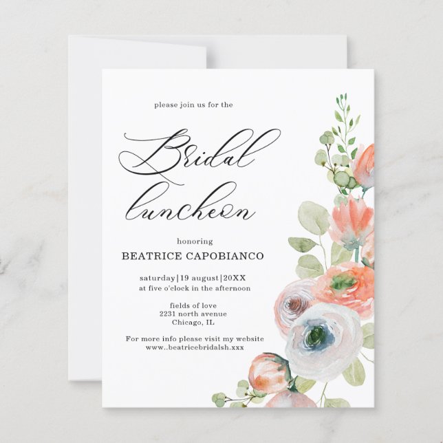 Budget  Romantic Coral Floral Bridal Luncheon Card (Front)