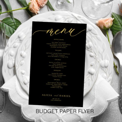 Budget romantic elegant gold black wedding menu flyer