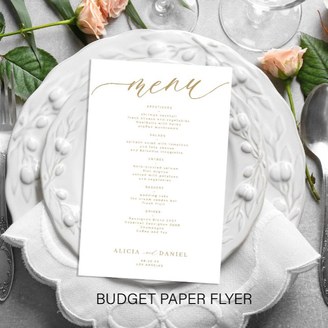 Budget romantic elegant gold script wedding menu flyer (Creator Uploaded)