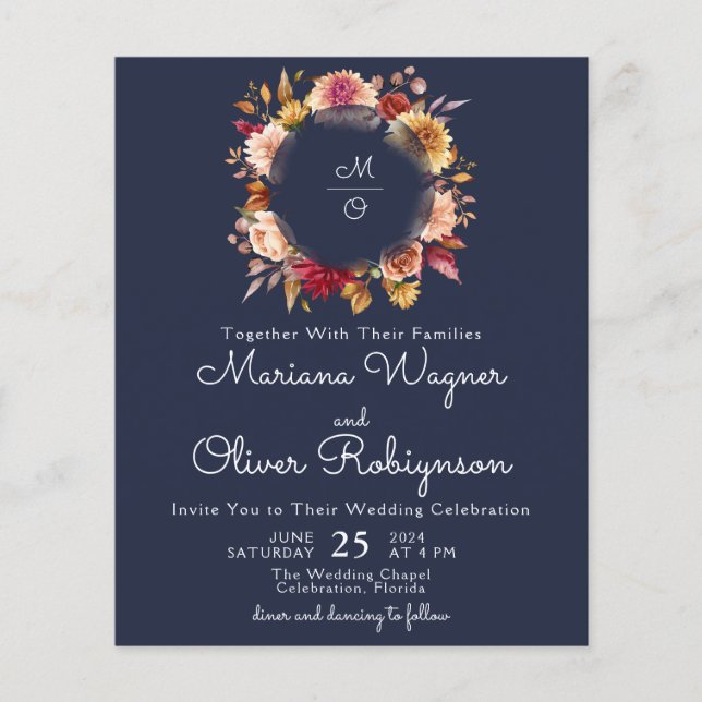 Budget Romantic Fall Floral Navy Blue Wedding (Front)