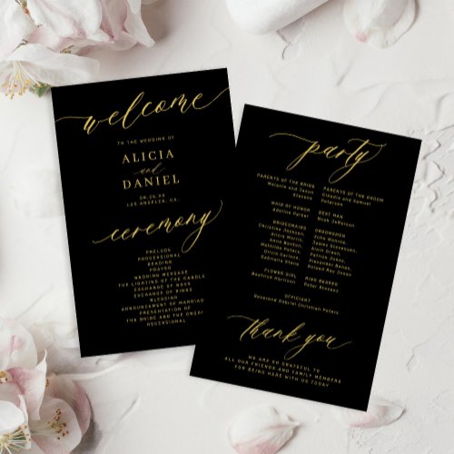 Budget romantic gold script black wedding program