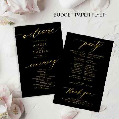 Budget romantic gold script black wedding program flyer