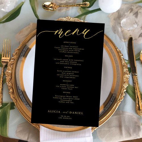 Budget romantic gold typography black wedding menu