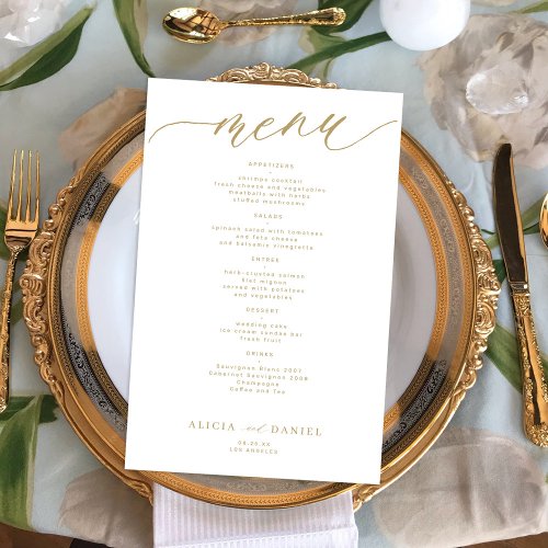 Budget romantic gold typography wedding menu