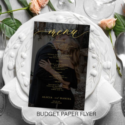 Budget romantic photo gold black wedding menu flyer