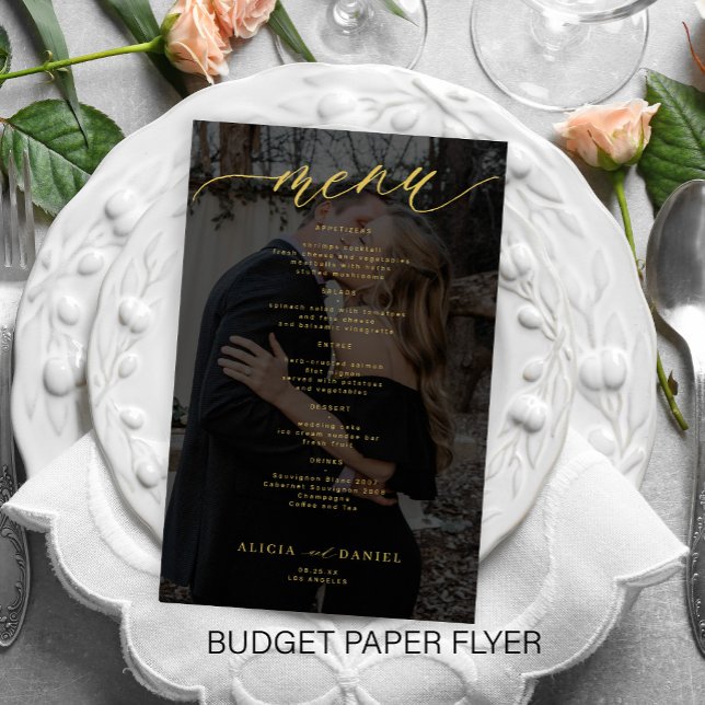 Budget romantic photo gold black wedding menu flyer (Creator Uploaded)