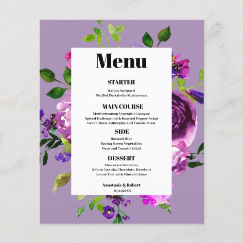 Budget Romantic Purple Floral Menu Card