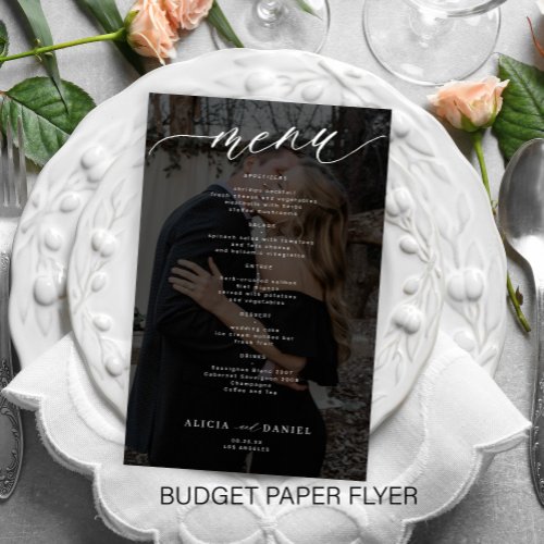 Budget romantic script photo black wedding menu flyer