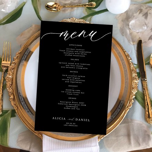 Budget romantic white and black wedding menu