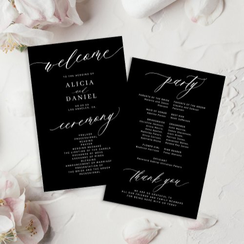 Budget romantic white and black wedding program