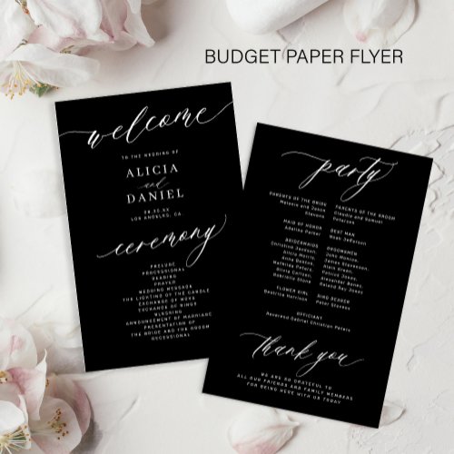 Budget romantic white and black wedding program flyer