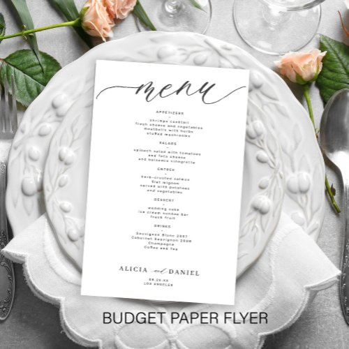 Budget romantic white black script wedding menu flyer