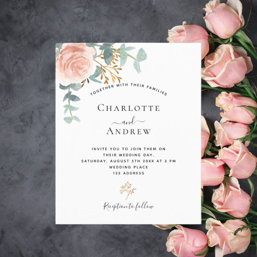 Budget rose eucalyptus blush wedding invitation | Zazzle