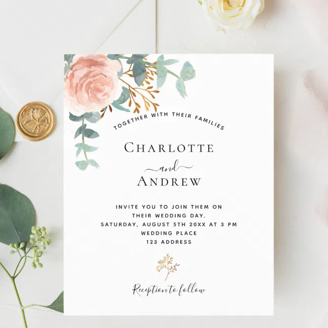 Budget rose eucalyptus blush wedding invitation | Zazzle