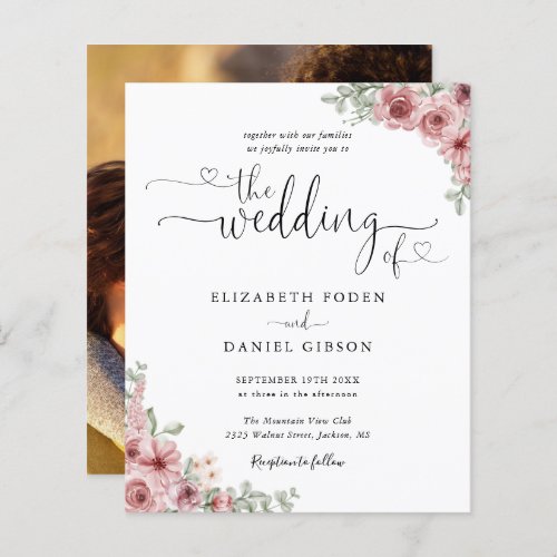 Budget Rose Floral Script Photo Wedding Invitation