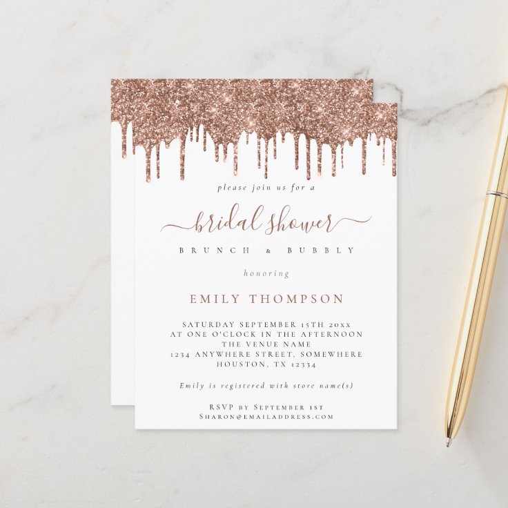 Budget Rose Glitter Drips Bridal Shower Invitation Zazzle