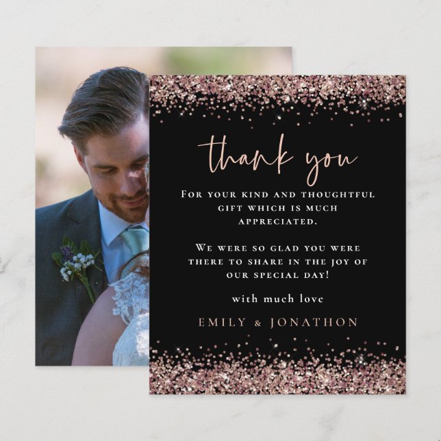 Budget Rose Glitter Photo Wedding Black Thanks (Front/Back)